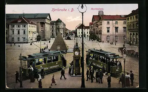AK Karlsruhe i. B., Marktplatz mit Strassenbahn