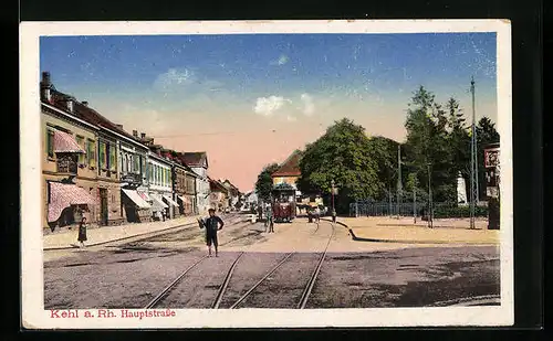 AK Kehl a. Rh., Hauptstrasse mit Strassenbahn