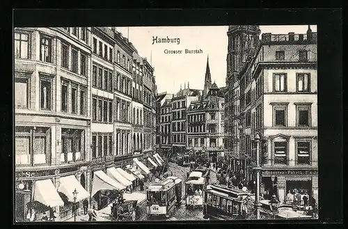 AK Hamburg, Strasse Grosser Burstah mit Geschäften und Strassenbahn