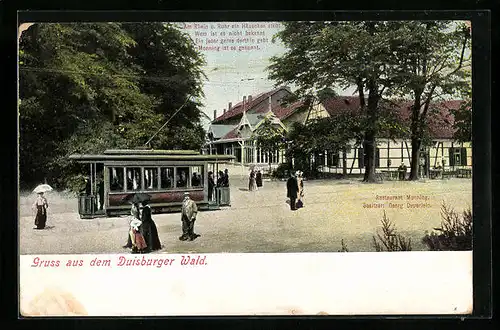 AK Duisburg, Duisburger Wald, Restaurant Monning mit Strassenbahn