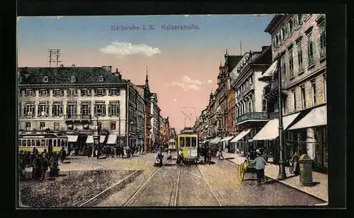 AK Karlsruhe i. B., Kaiserstrasse mit Strassenbahn