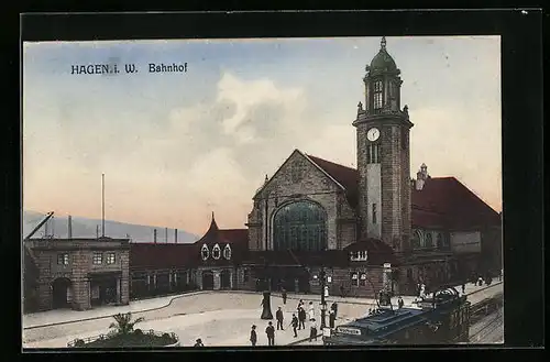 AK Hagen i. W., Bahnhof mit Strassenbahn