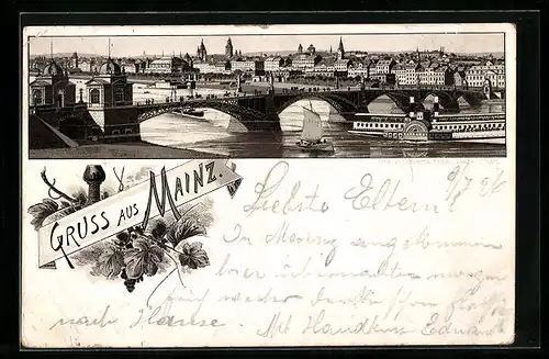 Lithographie Mainz, Flusspartie mit Brücke und Booten