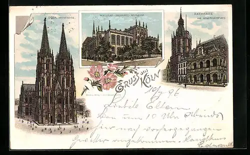 Lithographie Köln, Dom, Rathaus, Wallraf-Richartz-Museum