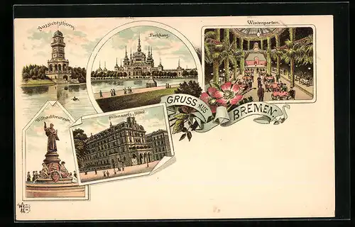 Lithographie Bremen, Hillmann`s Hotel, Parkhaus, Wintergarten