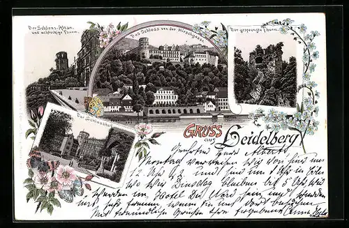 Lithographie Heidelberg, Schloss-Altan, Schlosshof, Der gesprengte Thurm