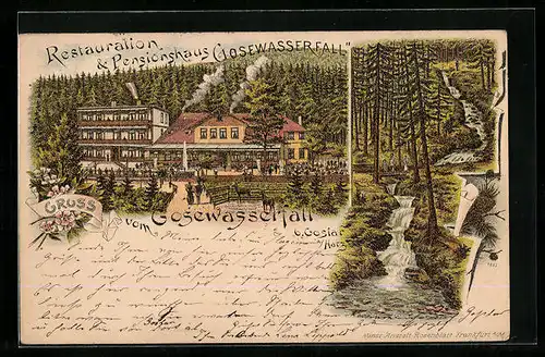 Vorläufer-Lithographie Goslar a. Harz, 1895, Restauration & Pensionshaus Gosewasserfall