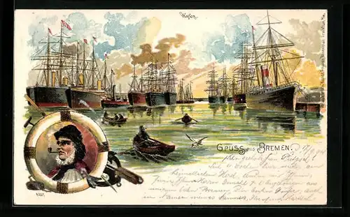 Lithographie Bremen, Hafen mit Booten und Dampfern