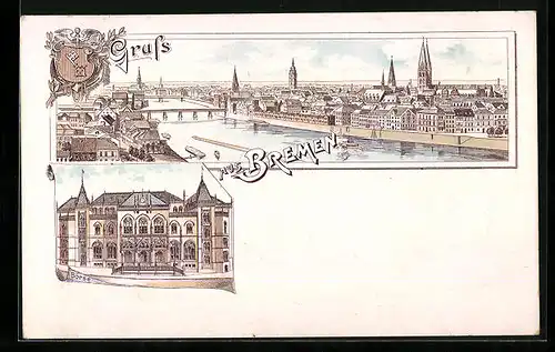 Lithographie Bremen, Flusspartie mit Brücke, Börse