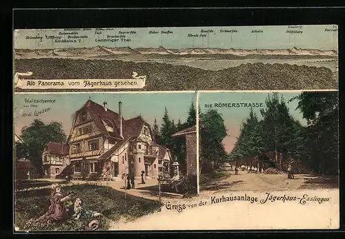 AK Esslingen, Kurhausanlage Jägerhof-, Panorama vom Jägerhaus gesehen, Waldschenke Zu den drei Linden, Römerstrasse