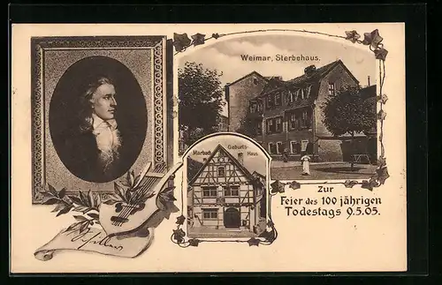 AK Weimar, Friedrich Schiller, Portrait des Schriftstellers, das Sterbehaus, das Geburtshaus zu Marbach