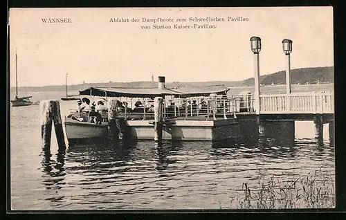 AK Wannsee, Abfahrt der Dampfboote zum Schwedischen Pavillon von Station Kaiser-Pavillon