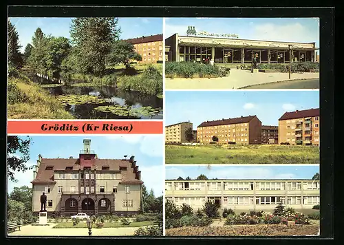 AK Gröditz, Am Kanal, Rathaus, HO-Kaufhalle, Rosa-Luxemburg-Strasse, II. Oberschule