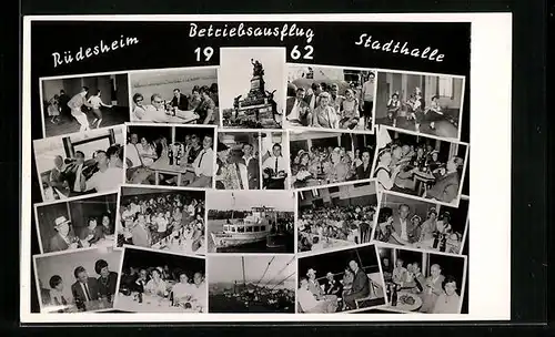 AK Rüdesheim, Stadthalle, Betriebsausflug 1962, Ausflugsdampfer, feiernde Mitarbeiter