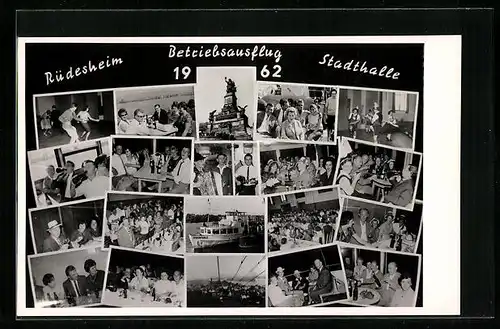 AK Rüdesheim, Stadthalle, Betriebsausflug 1962, Ausflugsdampfer, Gäste beim Tanz und Feiern