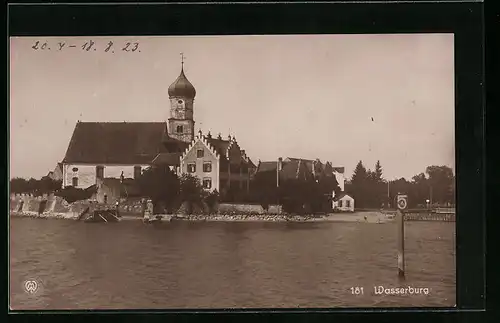 AK Wasserburg, Blick auf die Kirche hinter dem Ufer