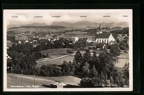 AK Heimenkirch i. bayr. Allgäu, Generalansicht der Stadt mit Stuiben, Buralpkopf, Hochgrat und Seeleköpfe