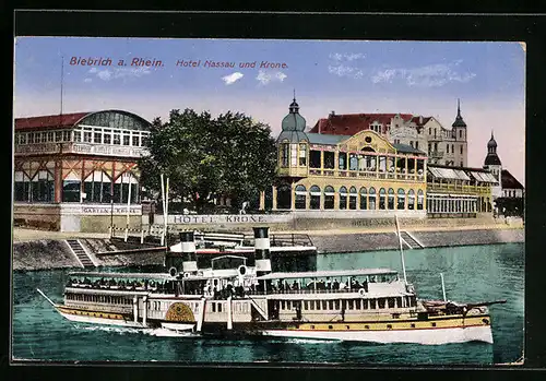 AK Biebrich a. Rhein, Hotel Nassau und Krone, Ausflugsdampfer