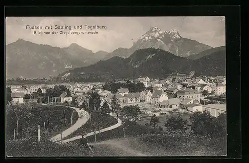 AK Füssen, Stadtansicht mit Säuling und Tegelberg, Blick von der Ziegelbergpromenade