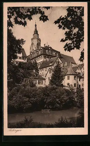 AK Tübingen, Uferanlagen mit Blick zum Hölderlinsturm und die alte Aula