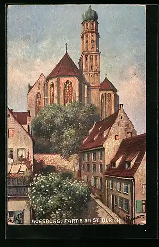 Künstler-AK Augsburg, Partie bei der Kirche St. Ulrich