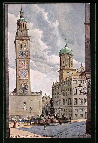 Künstler-AK Augsburg, das Rathaus am Perlachturm