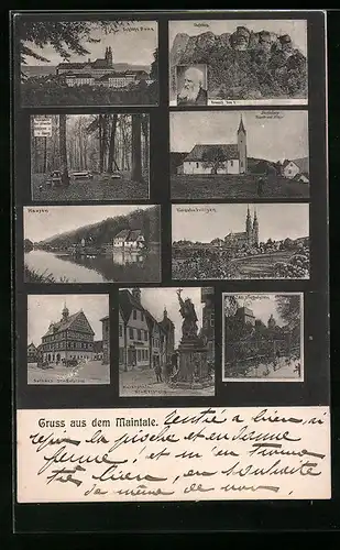 AK Staffelstein, das Rathaus und der Marktplatz, Blick auf Hausen, Blick zum Schloss, Maintalbilder