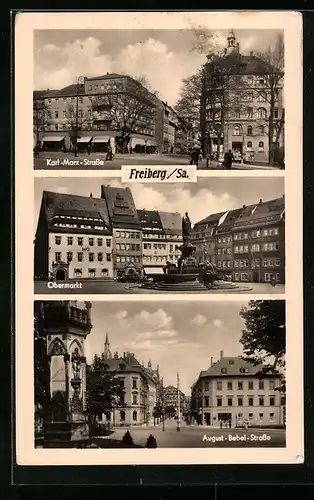 AK Freiberg i. Sa., Passanten auf der Karl-Marx-Strasse, Brunnen auf dem Obermarkt, Blick in die August-Bebel-Strasse