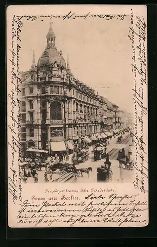 AK Berlin, Leipzigerstrasse Ecke Friedrichstrasse Strassenbahnen