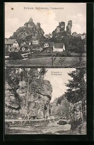 AK Pottenstein i. Fränk. Schweiz, Tüchersfeld, Passanten am Ufer im Tal