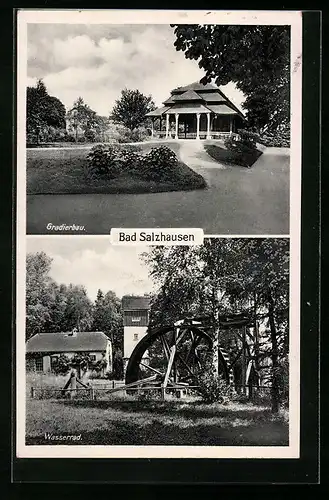 AK Bad Salzhausen, Parkanlagen am Gradierbau, am Wasserrad