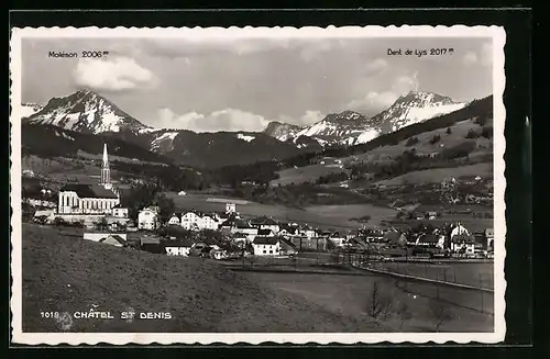 AK Chatel St. Denis, Ortsansicht mit der Kirche, Blick zum Moleson und Dent de Lys