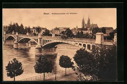 AK Basel, auf der Promenadenstrasse neben der Wettsteinbrücke gegen das Münster