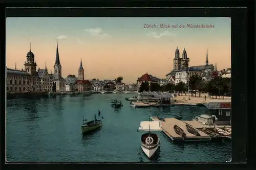 AK Zürich, Blick vom Quai auf die Münsterbrücke