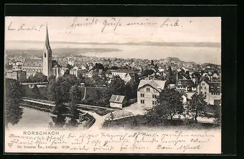 AK Rorschach, Blick über die gesamte Stadt und die Kirche