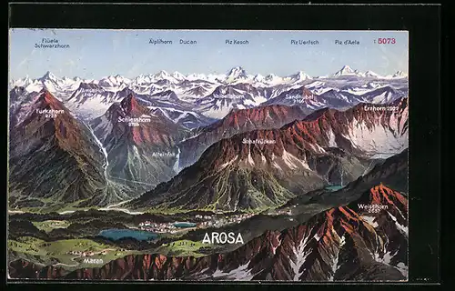AK Arosa, Talblick mit der Stadt und den Bergen, Äplihorn, Piz Kesch, Piz Uertsch und Piz d`Aela