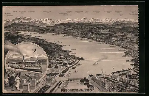 Künstler-AK Zürich, Stadtansicht am Zürich-See, AUsflugsdampfer, Blick auf Glärnisch, Clariden und Drusberg