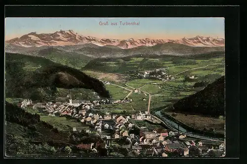 AK Turbenthal, Stadttotale mit Gebirgspanorama