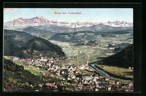 AK Turbenthal, Generalansicht der Stadt, Blick auf die Berge