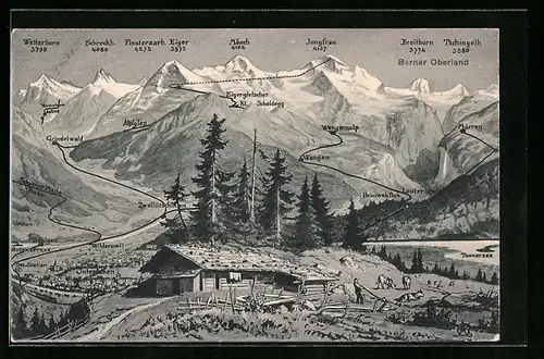 Künstler-AK Interlaken, Stadttotale vom Thunersee im Berner Oberland, Blick auf Eiger, Mönch und Jungfrau