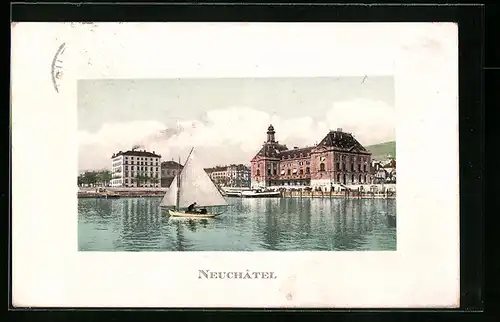 AK Neuchatel, Segelschiff vor der Uferpromenade
