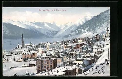 AK Davos-Platz, Generalansicht der Stadt im Schnee mit dem Tinzenhorn