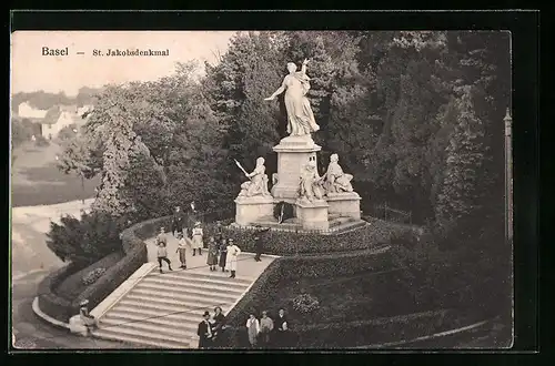 AK Basel, Passanten am St. Jakobsdenkmal