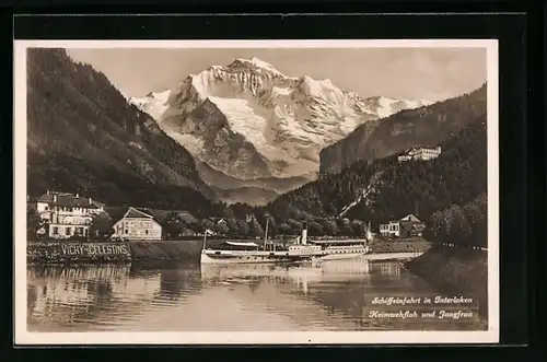 AK Interlaken, Schiffeinfahrt mit Heimwehfluh und Jungfrau