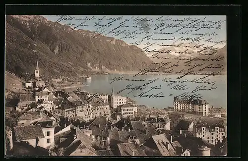 AK Montreux, Generalansicht der Stadt mit der Kirche und Blick auf den Bergsee
