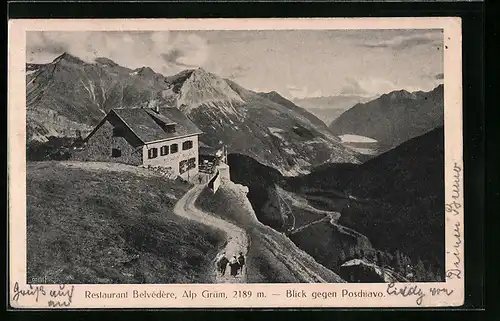 AK Alp Grüm, Restaurant Belvedere mit Blick gegen Poschiavo