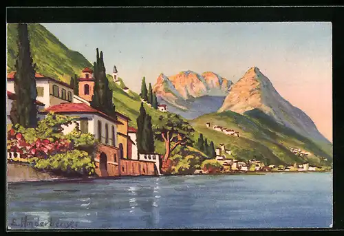 Künstler-AK Ponte-Tresa, Lago di Lugano, Oria verso la Val Solda
