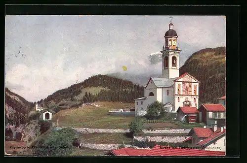 Künstler-AK Tiefencastel, Partie an der Kirche