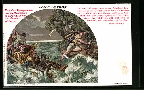 Lithographie Wilhelm Tell, Darstellung von Tell`s Sprung