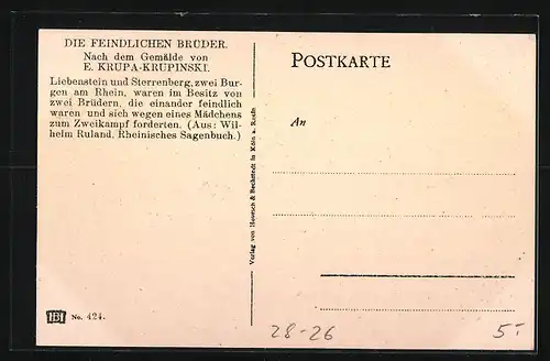 Künstler-AK Die Burgen Liebenstein und Sterrenberg am Rhein, Die Feindlichen Brüder, Sage